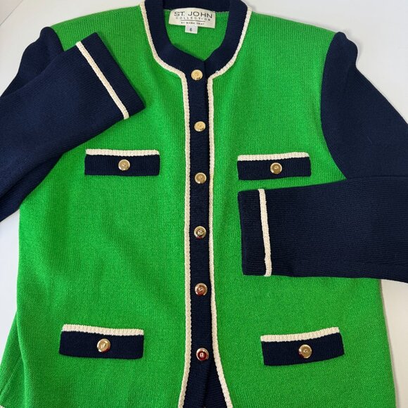 St John Collection by Marie Gray Knit Kelly Green Navy Blue Sweater size 6 - Picture 10 of 10